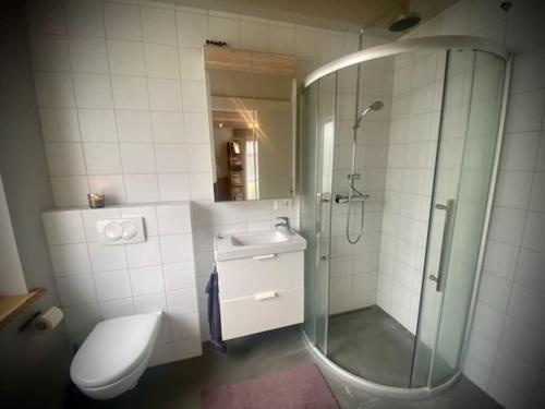 y baño con ducha, aseo y lavamanos. en STUDIO AURORA, en Reikiavik