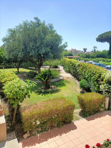 a garden with bushes and trees and a sidewalk at Il Giardino degli Ulivi in Giugliano in Campania