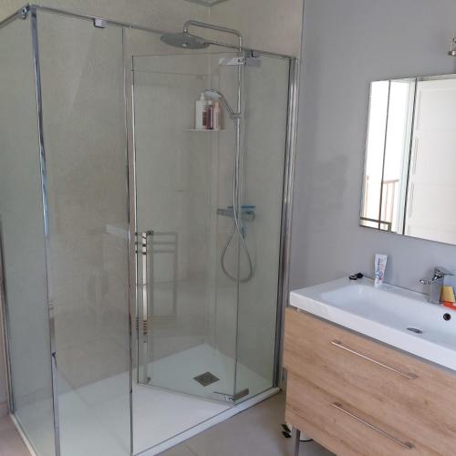 une douche avec une porte vitrée à côté d'un lavabo dans l'établissement L'Avancée, à Wimille