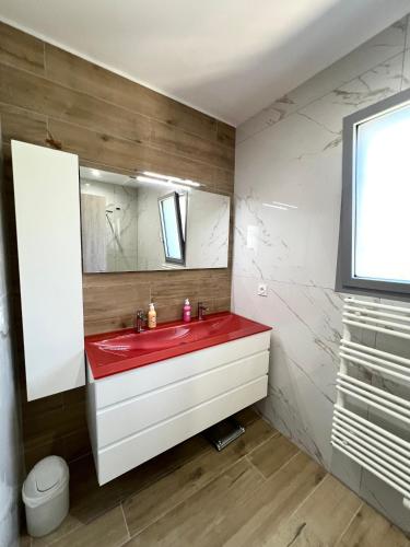 La salle de bains est pourvue d'un lavabo rouge et d'un miroir. dans l'établissement La belle vue, à Roquebrune-sur Argens