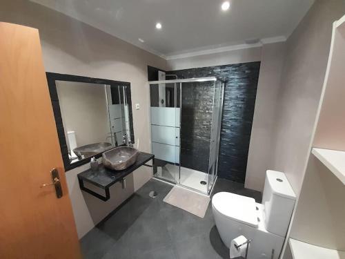 a bathroom with a shower and a toilet and a sink at Casa Martins in Barão de São João