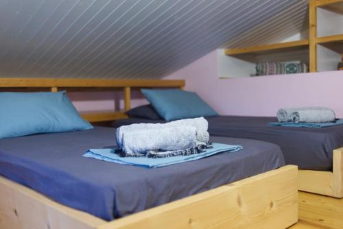 2 Betten in einem Zimmer mit blauen Kissen darauf in der Unterkunft Kouklospito Agios Polykarpos in Raches
