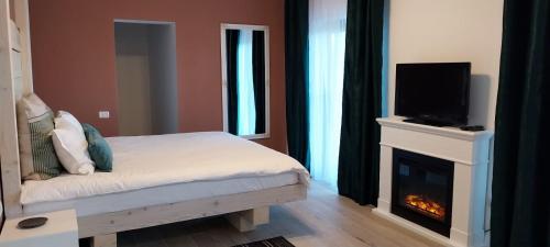 Schlafzimmer mit einem Bett, einem Kamin und einem TV in der Unterkunft Cristelyn Residence in Predeluţ