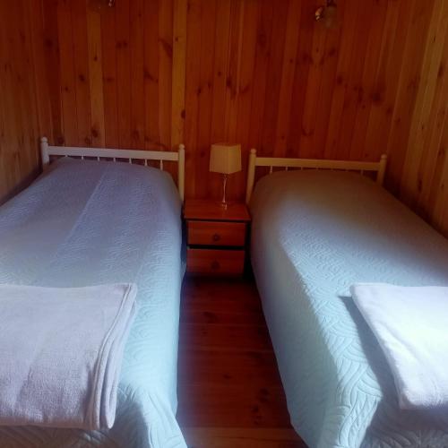two beds in a room with wooden walls at Mały Domek II in Tleń