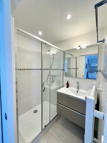 une salle de bain avec douche et lavabo dans l'établissement 208 - Piscine et Soleil à Grimaud, à Grimaud