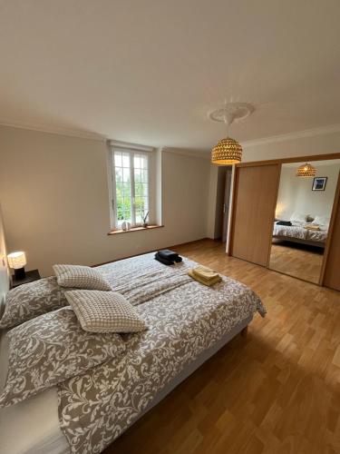 ein Schlafzimmer mit einem großen Bett und einem Spiegel in der Unterkunft Gîte du Dolmen in Guiscriff