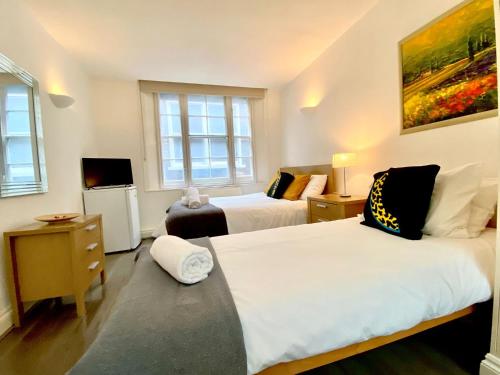 1 dormitorio con 2 camas, TV y 2 ventanas en Remarkable Apartment in London en Londres