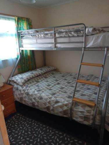 a bedroom with two bunk beds with a ladder at Chalet at California Sands in Scratby