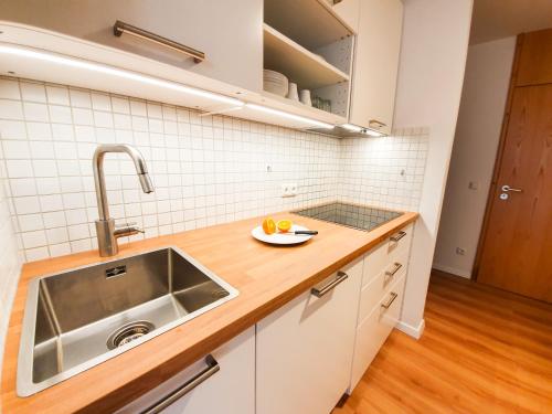 ジークスドルフにあるFerienwohnung Hammer - Alpenblickのシンクとカウンタートップのあるキッチン