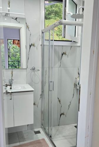 a bathroom with a shower and a sink at Klejdi's house in Qeparo