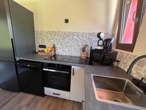 La cuisine est équipée d'un réfrigérateur noir et d'un évier. dans l'établissement Appartement cosy pieds des pistes, aux Houches