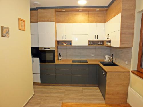 a kitchen with white cabinets and a counter top at Nika's House Trosobna kuća sa trpezarijom i kuhinjom,u skopu jos dva apartmana,bazen,terasa i sauna in Palić