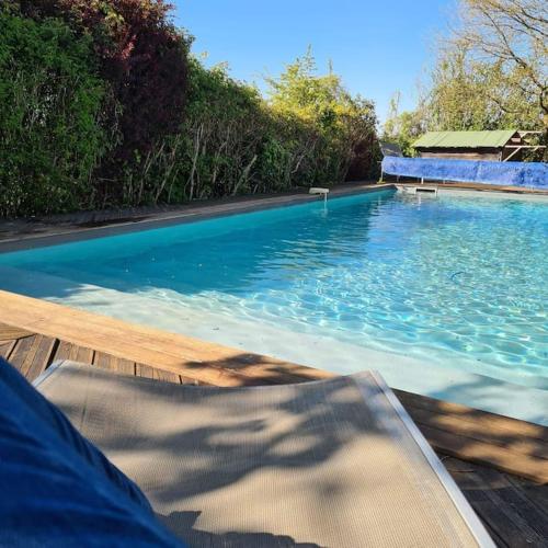 une grande piscine bleue avec un banc. dans l'établissement Charmante Villa avec piscine proche de St-Emilion, à Pellegrue