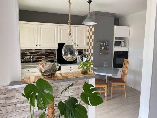 une cuisine avec des armoires blanches et une table avec des plantes dans l'établissement T3 centre ville à 8 min à pied avec place parking, à Perpignan