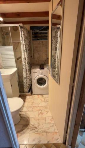 une petite salle de bain avec toilettes et lavabo dans l'établissement Appartement curistes, à Cazaubon