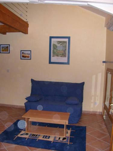 un salon avec un canapé bleu et une table basse dans l'établissement Studio Festival 2, à Avignon