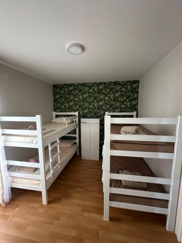 a room with three bunk beds and a wall with at Kod Šmece apartmani - Valjevo in Valjevo