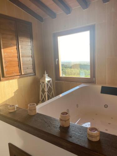 a bathroom with a large tub with a window at Agriturismo Suite del Conte in San Vincenzo