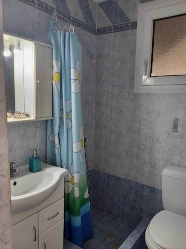 une salle de bain avec un lavabo et un rideau de douche dans l'établissement Filomila apartment Agia Foteini, à Chios