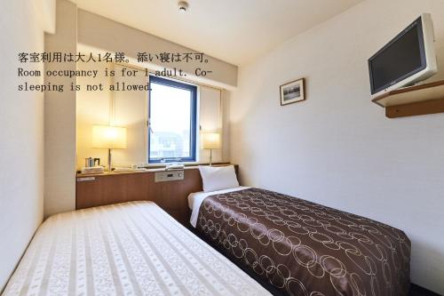 浦安市にある浦安サンホテルのベッドとテレビが備わるホテルルームです。