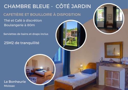 un collage de photos d'une pièce avec une cheminée dans l'établissement La Bonheurie - Chambres d'hôtes, à Moissac