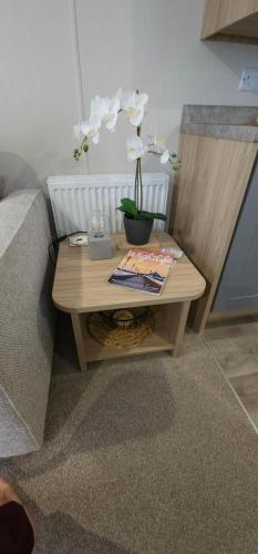 a wooden coffee table with a vase of flowers on it at Cosy Holiday home, Thorness Bay in Porchfield