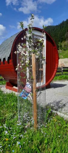 a tree in a cage next to a building at Saghäusl in Mitterkleinarl