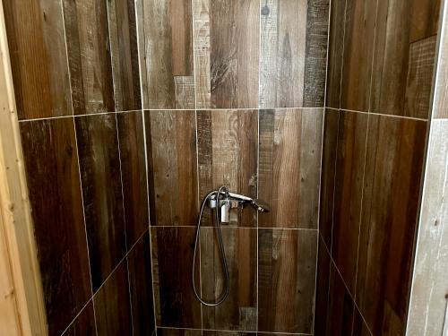 a bathroom with a shower with wooden walls at Microcastl in Vlasic