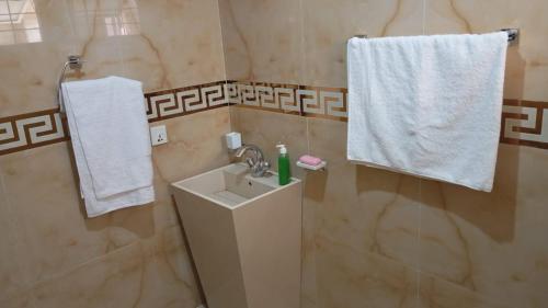 a bathroom with a sink and a white towel at Balqees Cottage in Lahore