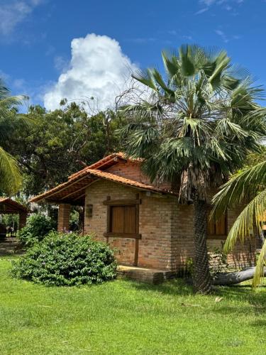 a small brick house with a palm tree next to it at Rancho do Buna in Atins
