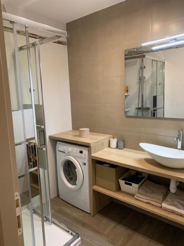 une salle de bain avec une machine à laver et un lavabo dans l'établissement Superbe 2 pièces moderne refait à neuf, PISCINE !, à Antibes