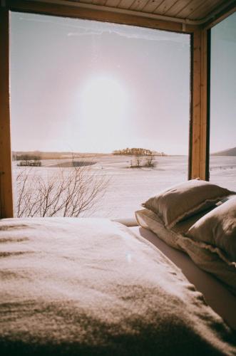 Schlafzimmer mit Blick auf ein schneebedecktes Feld in der Unterkunft Posed Müslivna in Jablonné v Podještědí