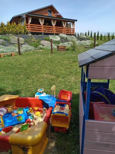 a pile of toys sitting on the grass with a house at ROZTOCZE, Domek Na Leśnym Wzgórzu, Zwierzyniec, Krasnobród,Zamość in AdamÃ³w