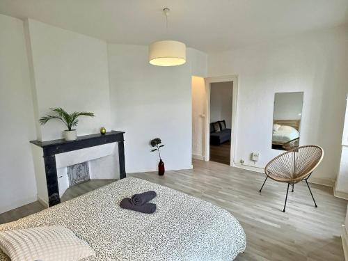 - un salon avec un lit et une cheminée dans l'établissement WonderHost, la Suite de Margot en hypercentre, à Pau