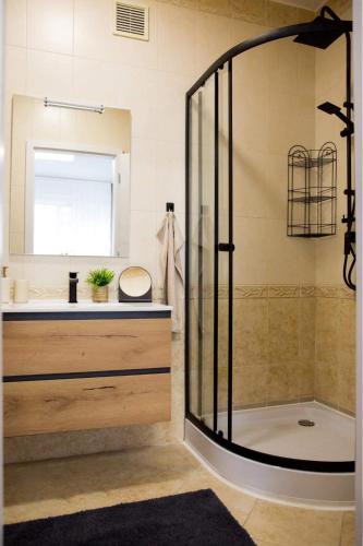 a bathroom with a shower and a sink at DELUXHOME Sárospatak in Sárospatak