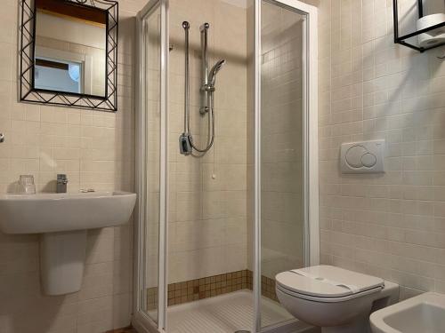 ein Bad mit einer Dusche, einem WC und einem Waschbecken in der Unterkunft Residenza Le Due Torri in Riva del Garda