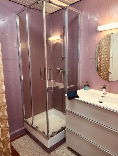 une salle de bain avec douche et lavabo dans l'établissement Appartement - Triangle d'or - Vue Capucins, à Brest
