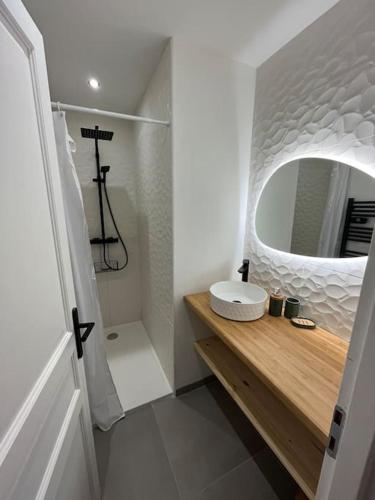 une salle de bain avec un lavabo et un miroir dans l'établissement Maison Mirabeau, à Arles