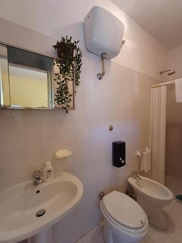 y baño con aseo, lavabo y espejo. en Alloggio Taddei, en Barisciano