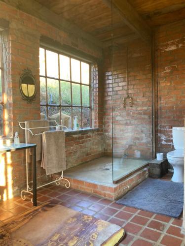 a bathroom with a glass shower and a toilet at Rose Mountain Cottage in Nottingham Road