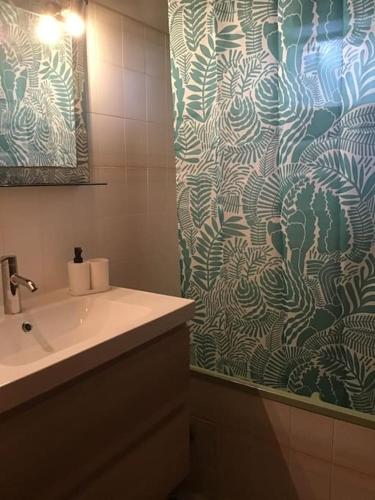 une salle de bain avec un rideau de douche et un lavabo dans l'établissement Villa de 6 à 8 pers à Seignosse Le Penon, à Seignosse