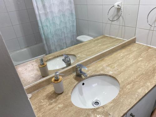 eine Badezimmertheke mit einem Waschbecken und einer Dusche in der Unterkunft Departamento Santiago Centro - Metro Santa Lucia in Santiago