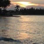 a sunset over a body of water with a palm tree at Villa La Caleta in Las Galeras