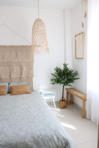 une chambre avec un lit et une plante en pot dans l'établissement Loveroom Mykonos avec balnéothérapie, à Toulon