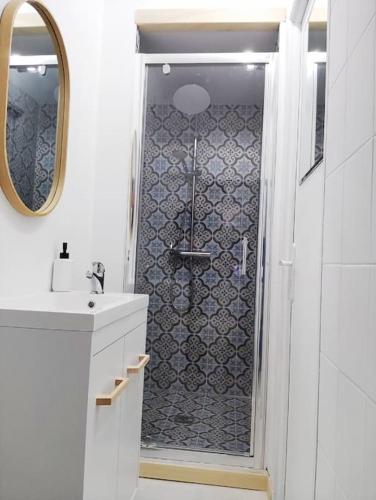 a bathroom with a shower with a sink and a mirror at Appartement en Plein Centre au Pied des Musées in Grasse