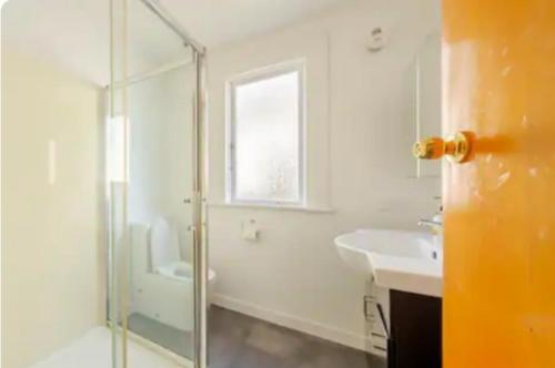 a white bathroom with a shower and a sink at St Clair Holiday House in Dunedin