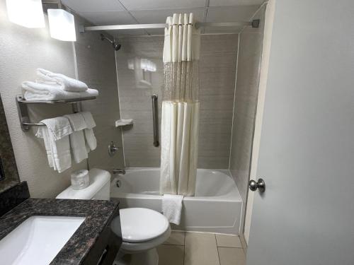 uma casa de banho com um WC, um lavatório e um chuveiro em Quality Inn & Suites Cincinnati Downtown em Cincinnati