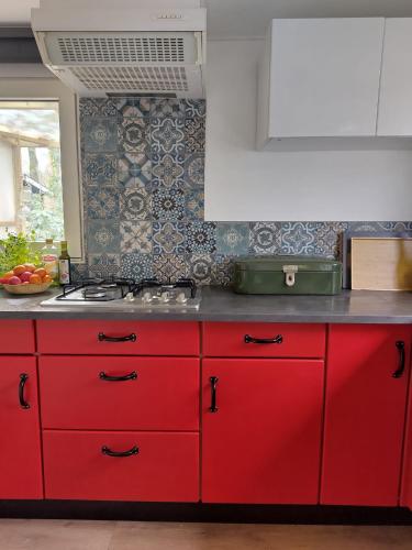 a kitchen with red drawers and a red counter top at Chalet De Maanvaren in Hattemerbroek