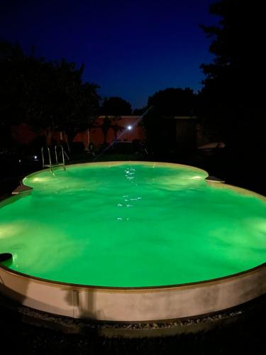 a green swimming pool at night at Apartment mit Garten und Pool in Ostseenähe in Ahrensbök
