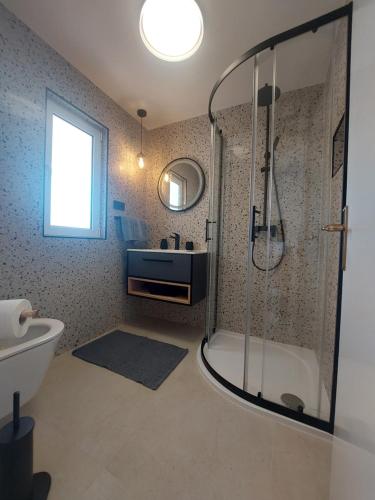 a bathroom with a shower and a toilet and a sink at Apartmans and rooms Petra in Rab